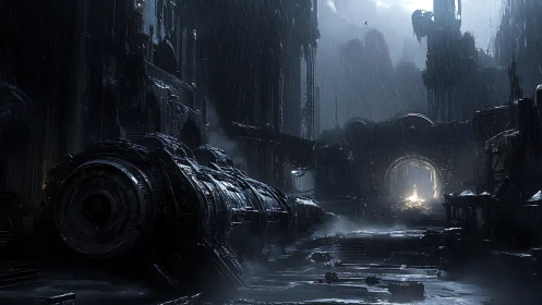 Rain-drowned sci fi ruins cradle a fallen orbital engine.