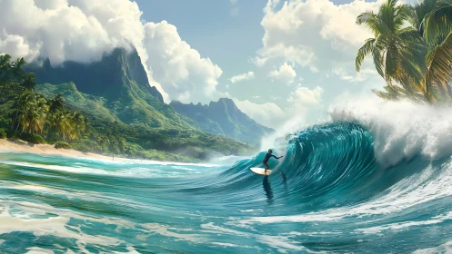 Digital seascape with surfer and tropical mountainside backdrop.