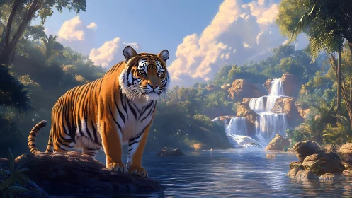 Majestic tiger stands watch beside a sunlit jungle waterfall.