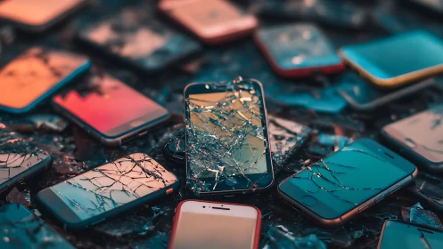 Cluster of shattered smartphones highlights screen failure patterns