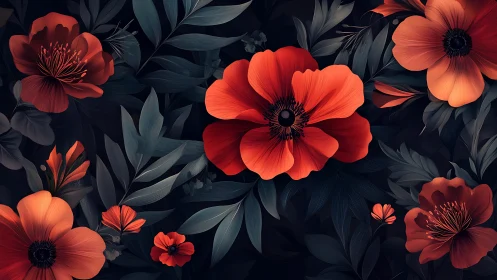 Red Blooms Dance Against Midnight Foliage