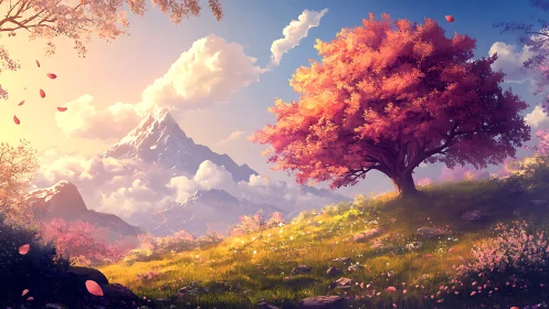 Sunlit pink tree overlooks luminous valley and distant peak