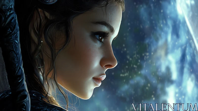 Fantasy elf girl in profile against glowing night sky.