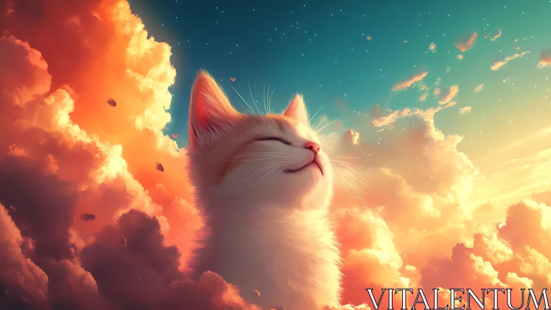 Ethereal White Cat Among Golden Clouds at Sunset.
