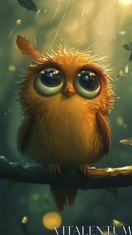 Digital illustration of a wide-eyed owl on forest branch.