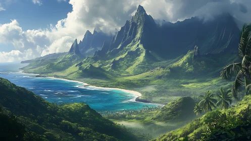 Verdant Island Valley: Dramatic Coastal Peaks.