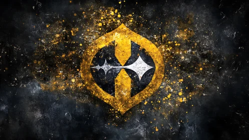 Abstract emblem with stellar core in grunge splatter field