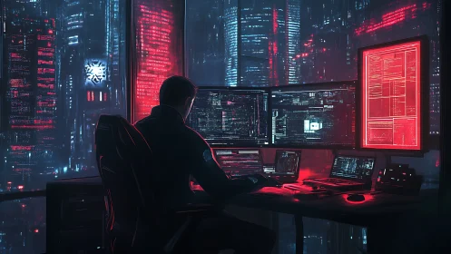 Nighttime coder immersed in a neon city of glowing screens.
