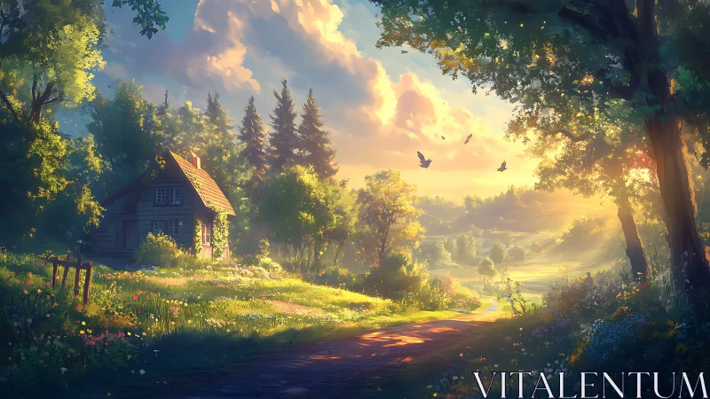 Sunlit forest cottage along idyllic golden country path.