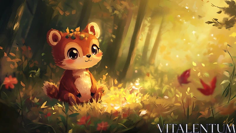 Cute woodland fawn under glowing autumn forest light.