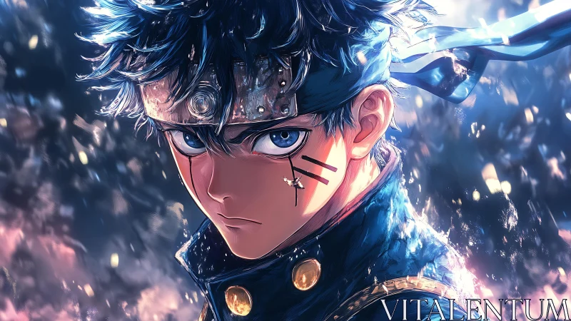 Close frontal view shows stylized anime warrior portrait