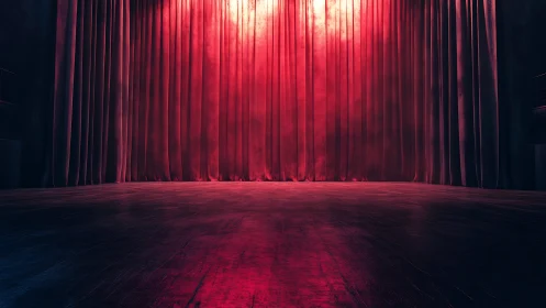 Velvet stage curtain glows under cinematic theatrical lighting.