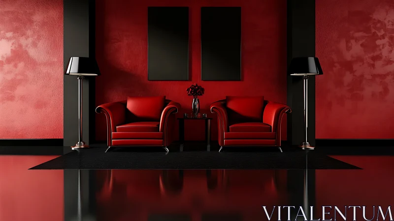 Crimson lounge geometry with twin chairs and inky shadows.