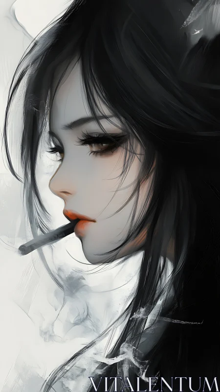 Mysterious woman gazes through smoke with quiet intensity