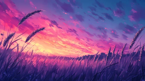 Wheat field silhouettes frame a saturated digital sunset sky