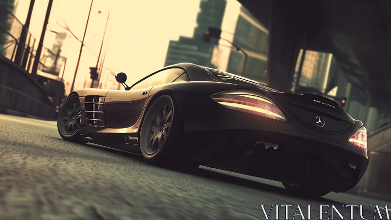 Midnight silver supercar prowls the sunlit urban canyon.