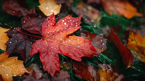 Rain-kissed scarlet maple leaf resting in autumn&rsquo;s quiet hush.