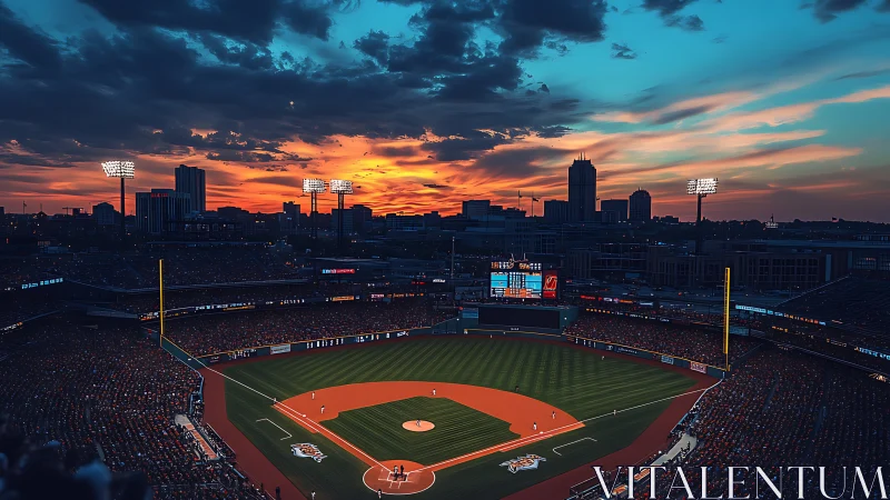 Baseball stadium hosts night game under vivid sunset sky