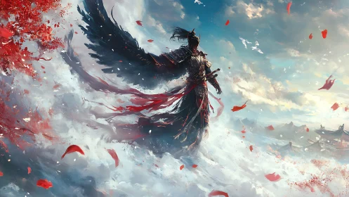Winged armored warrior above clouds with red foliage accents.
