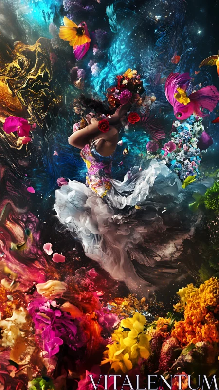 Woman in swirling floral dress amid cosmic color storm.
