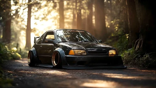 Stanced black hatchback cuts sunlight through forest track.