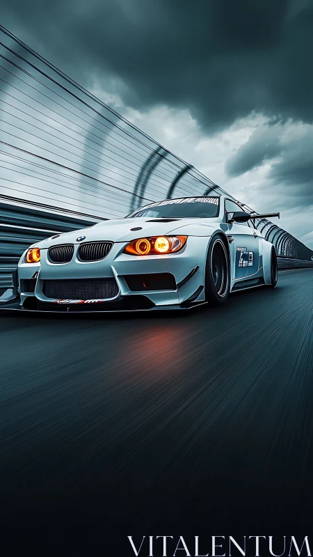 Storm-lunged race coupe knifes through a moody speed tunnel.