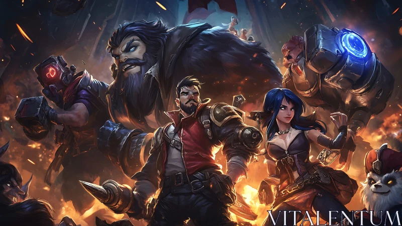 Bold steampunk heroes gather in a glowing battle blaze.