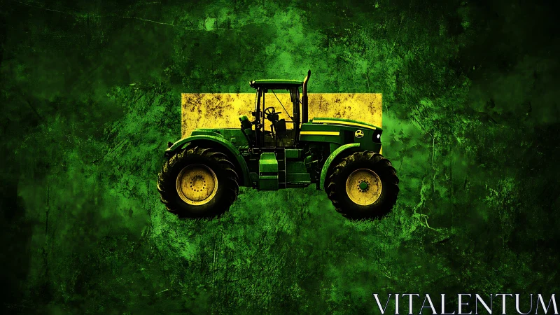 High contrast green farm tractor on textured abstract grunge field