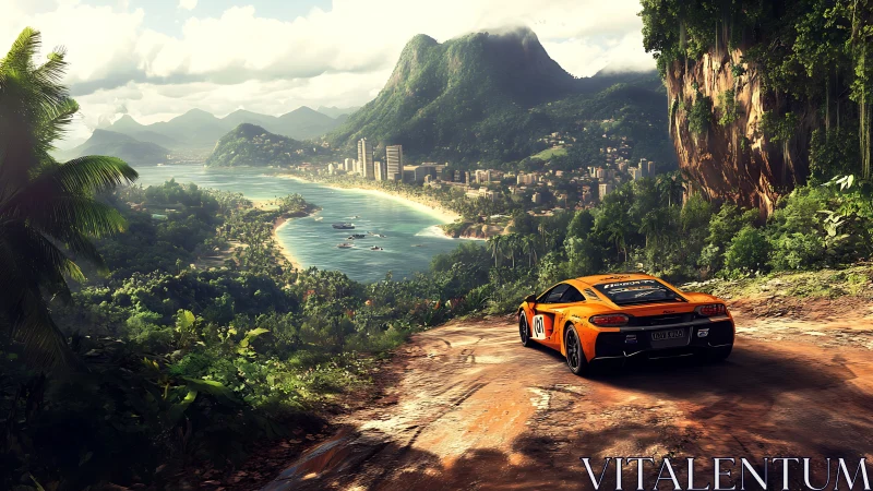 Orange supercar overlooking tropical coastal city.