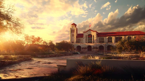 Sunlit stone campus tower bathing in molten desert sky.