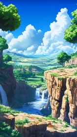 Sunny canyon landscape with waterfalls and distant hills.