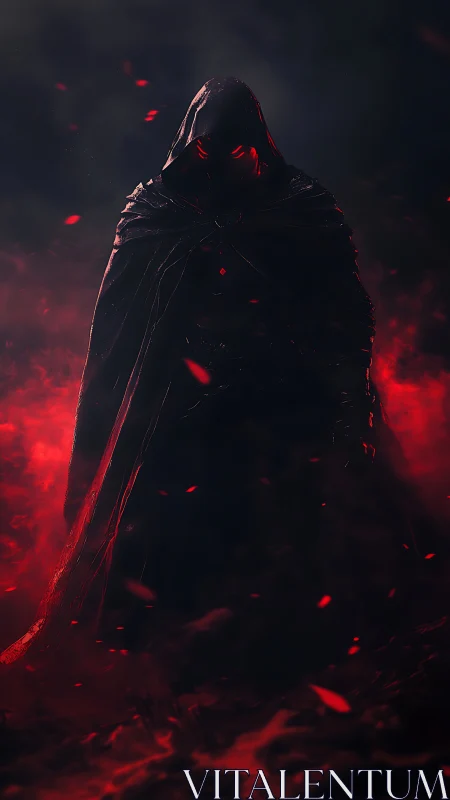 Hooded dark wraith emerging through crimson embers and smoke.