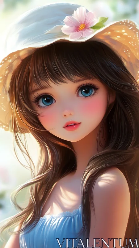 Anime girl portrait in sunlit hat with pink flower.