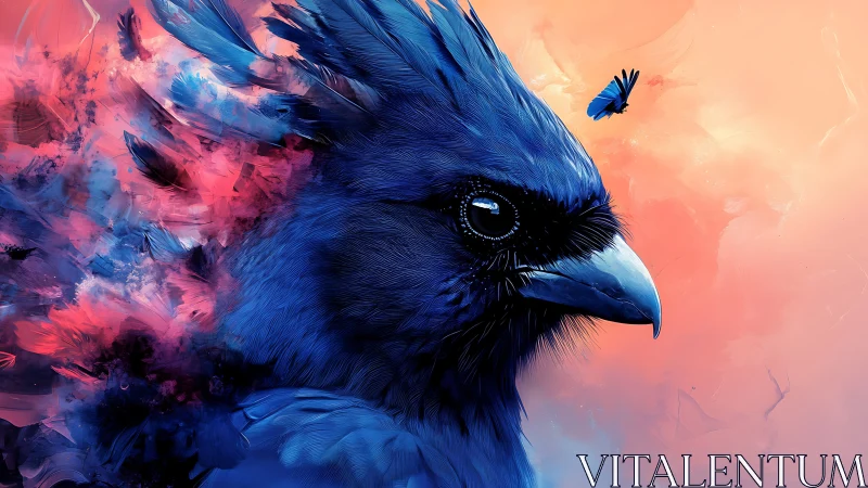 Radiant blue bird gazes calmly into a dreamy pastel sky