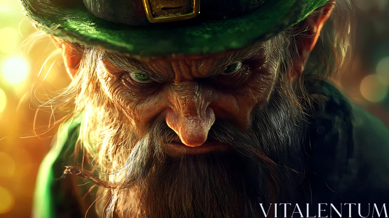 Wrinkled leprechaun glares under worn green hat in golden light