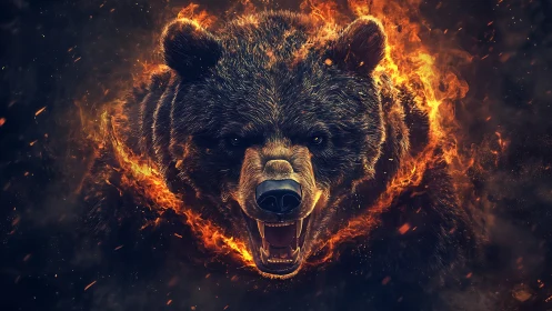 Roaring bear head erupts from swirling fire in dark void