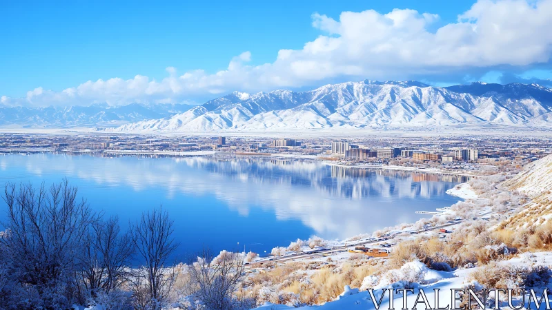 Winterlit lakeside city cradled by mirrored blue mountains.