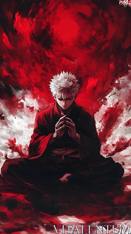 White haired warrior meditates beneath swirling red void.
