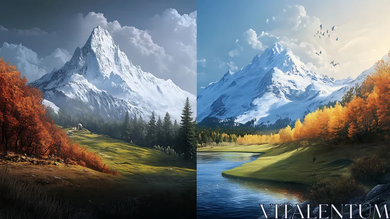 Snowy twin peaks contrast autumn forest in shifting light