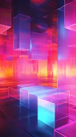 Neon glass cubes float inside luminous abstract corridor.