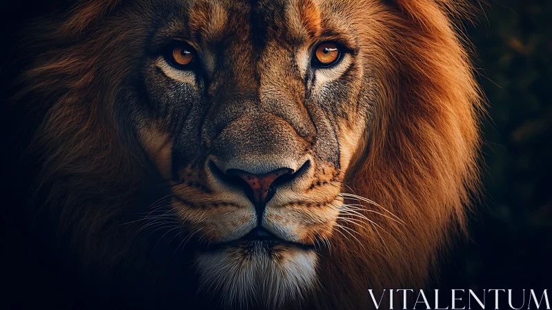 High-contrast frontal lion portrait with dramatic rim lighting