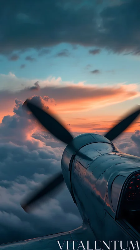 Propeller aircraft nose over cloud layer at sunset sky.