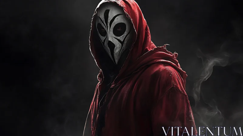 Hooded masked figure stands in smoke filled dark void