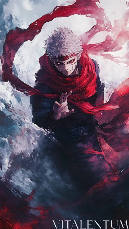 Scarlet energy swirls around intense white-haired fighter.