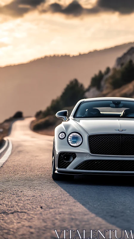 Luxury coupe climbs winding mountain road at sunset glow