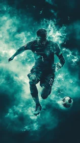 Silhouetted footballer dribbles ball through teal smoke field