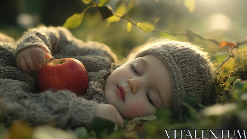 Sleeping Child Holds a Shimmering Red Apple in Golden Sunlight