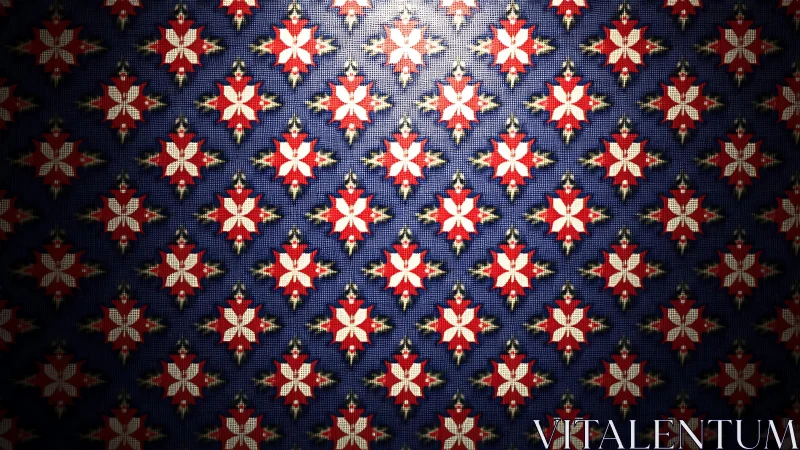 Red and White Star Pattern on Dark Blue Textile, Vintage Style.
