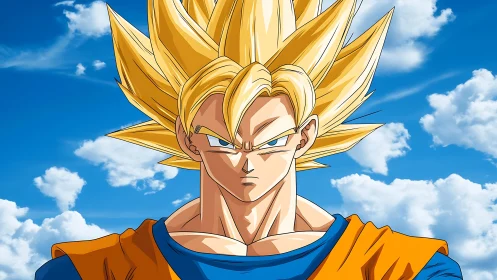 Golden haired anime warrior under vivid summer sky.