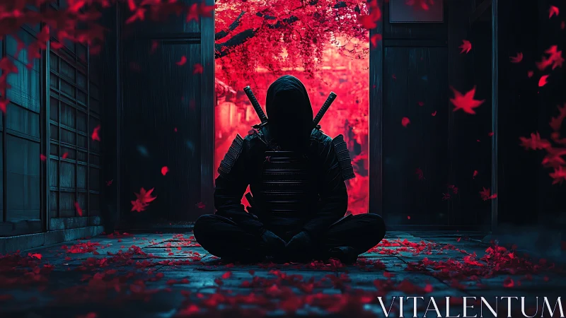 Silent ninja rests beneath glowing crimson maple leaves.